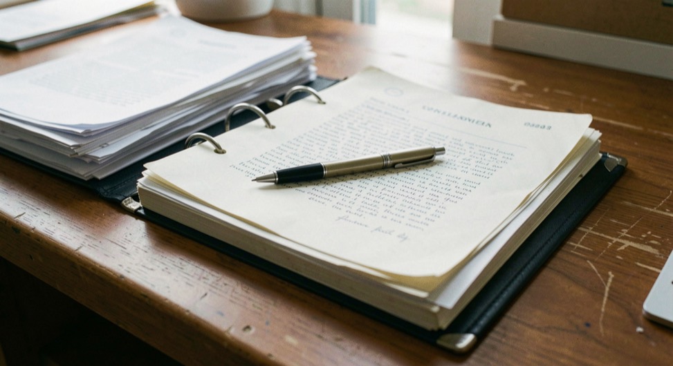 Stapel afgedrukte documenten en opengeslagen ordners op een houten bureau, met een pen dwars over een beschreven bladzijde