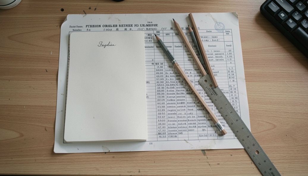 Bureaublad van bovenaf gezien met een schriftje, twee geslepen potloden en een metalen liniaal op een bedrukt vel papier