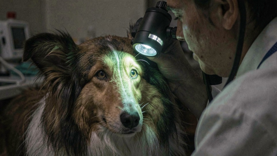 Dierenarts belicht het oog van een collie met een spleetlamp in een verduisterde ruimte, met een groene weerschijn in de pupil