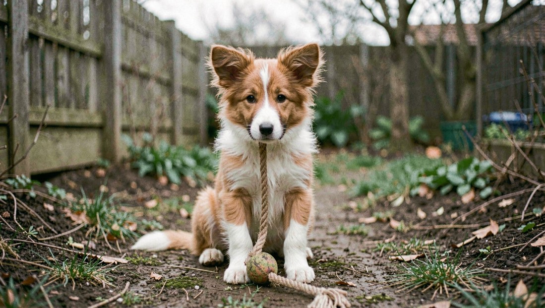 Jonge collie van een maand of zes zit in een omheinde tuin met half opgerichte oren en een touwspeeltje voor zijn voorpoten