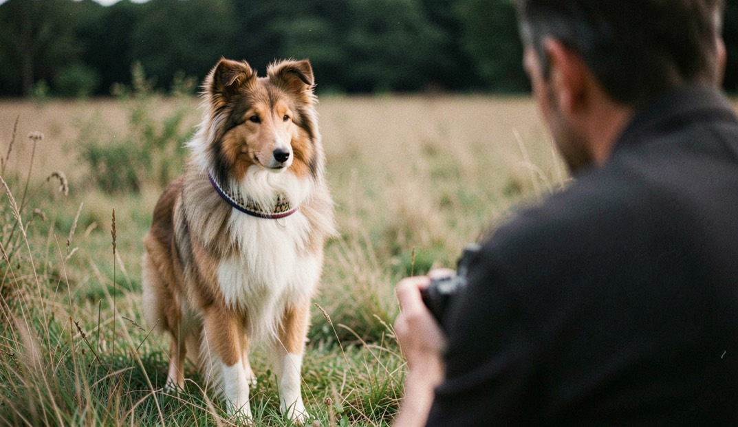 Collie staat stil tegen het licht in een weiland met een lichtrand rond zijn kraag, op de voorgrond vaag een gehurkte fotograaf