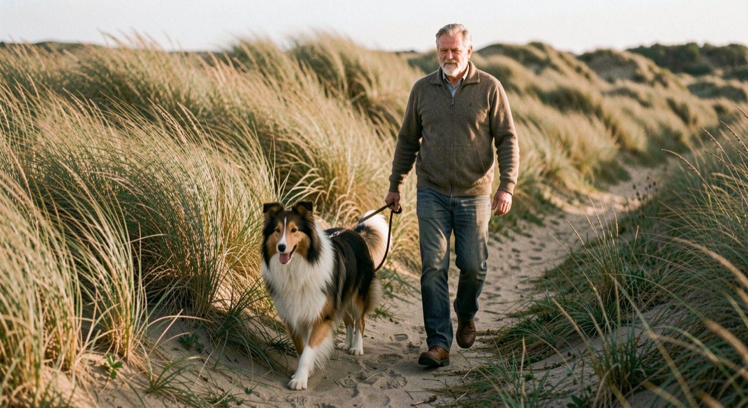 Een collie ligt languit op een koele tegelvloer in de schaduw van een tuinmuur, met een waterbak naast zich, gefotografeerd van op ooghoogte in zacht middaglicht.