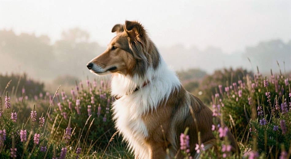 Langharige collie zit in profiel in een bloeiende heide bij laag namiddaglicht, met lage nevel achter hem en een witte kraag die oplicht