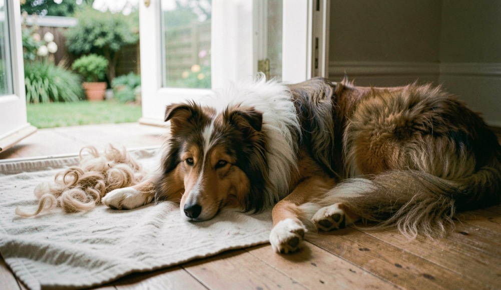 Collie ligt op een licht vloerkleed bij een openstaande tuindeur, met plukken haar zichtbaar op de houten vloer ernaast