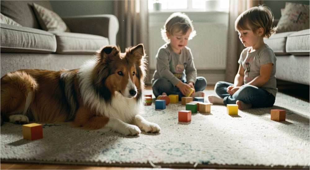 Collie ligt op een woonkamerkleed terwijl twee kinderen op enige afstand zitten te spelen tussen verspreid speelgoed, laat middaglicht