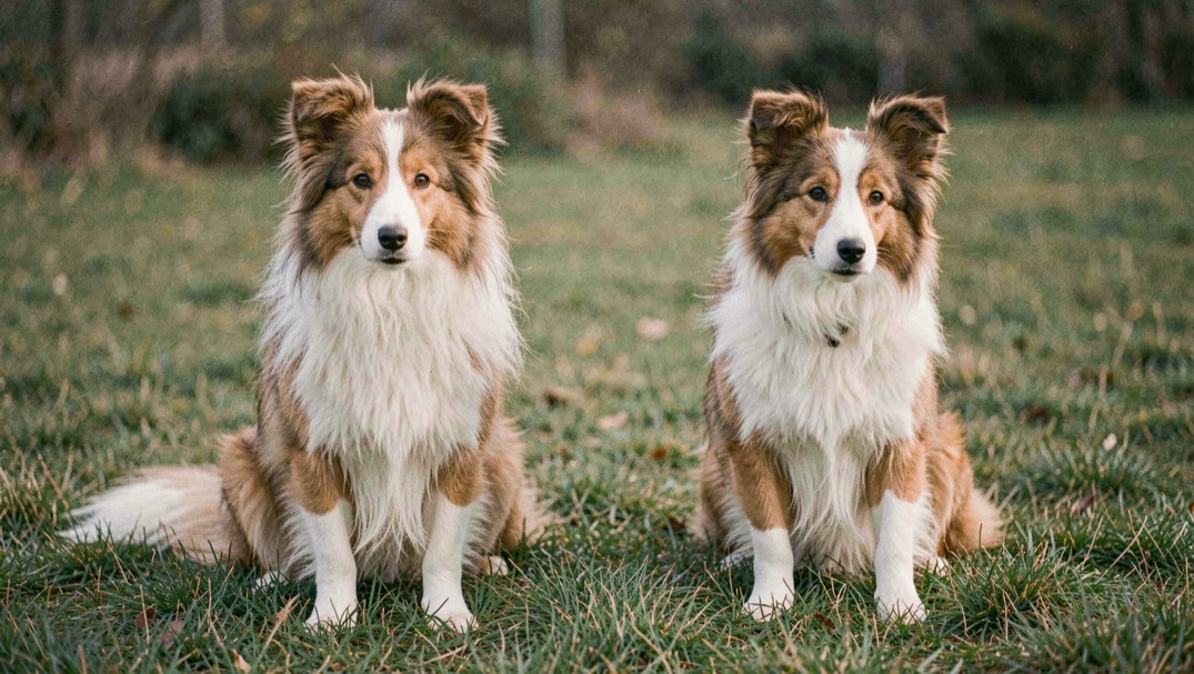 Twee collies zitten naast elkaar op kort gemaaid gras, de een langharig en de ander kortharig, allebei driekleurig, in zacht licht