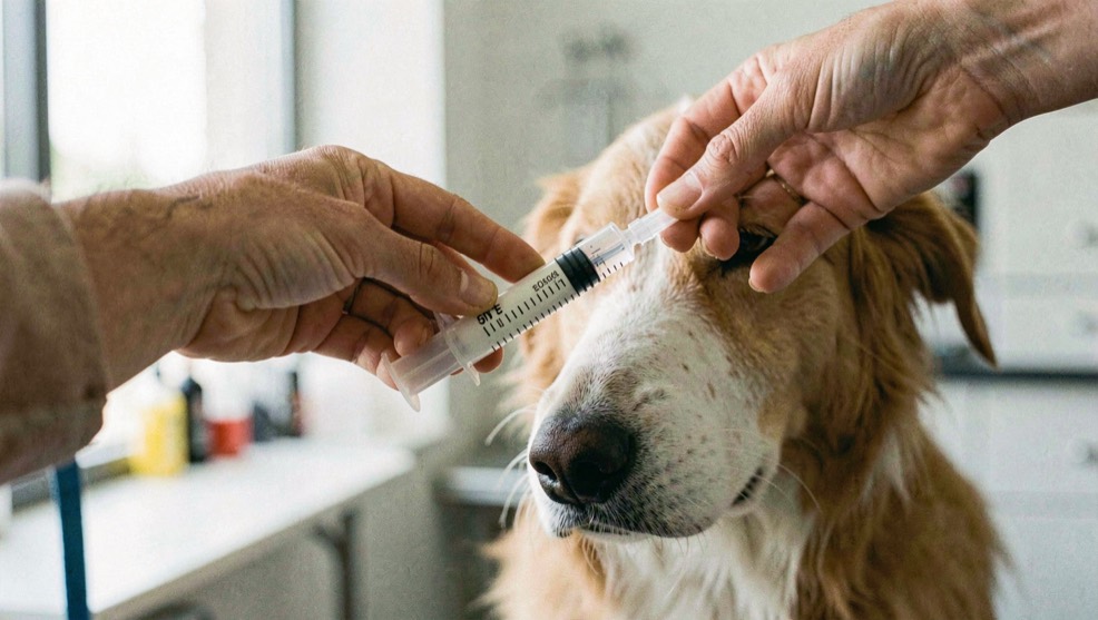 Close-up van een hand die een gemarkeerde doseerspuit vasthoudt boven de vage snuit van een herdershond in een lichte praktijkruimte