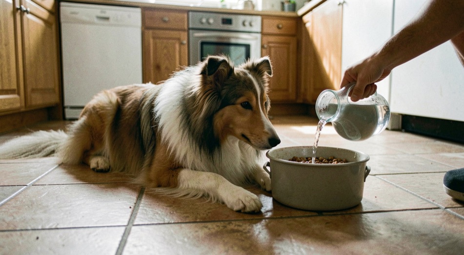 Collie ligt op de tegelvloer van een gezinskeuken terwijl een hand water in zijn voerbak schenkt aan het eind van de dag
