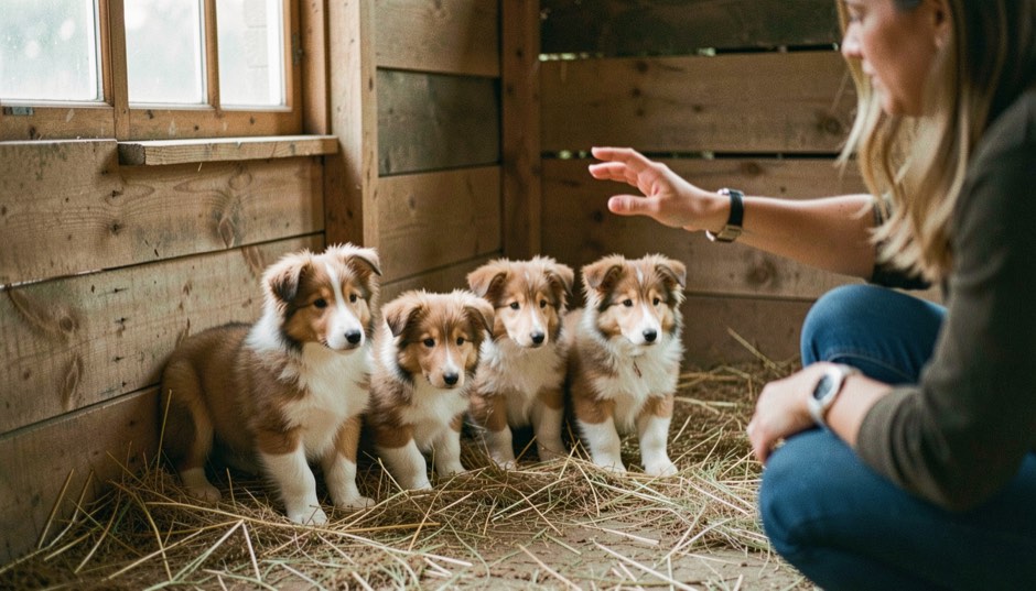 Nest langharige collie-pups van acht weken, sable met witte kraag en spitse snuitjes, in een houten ren met stro, een gehurkte vrouw buiten beeld steekt haar hand uit, licht van een schuurraam