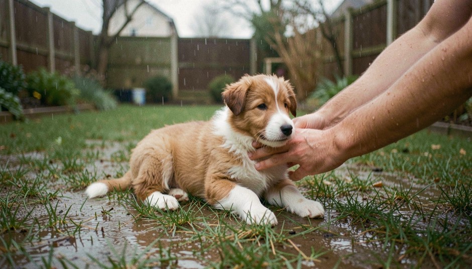 Twee handen houden een pluizige collie pup van acht weken, goudbruin en wit, vast terwijl hij in de regen op het natte, modderige gras van een achtertuin ligt