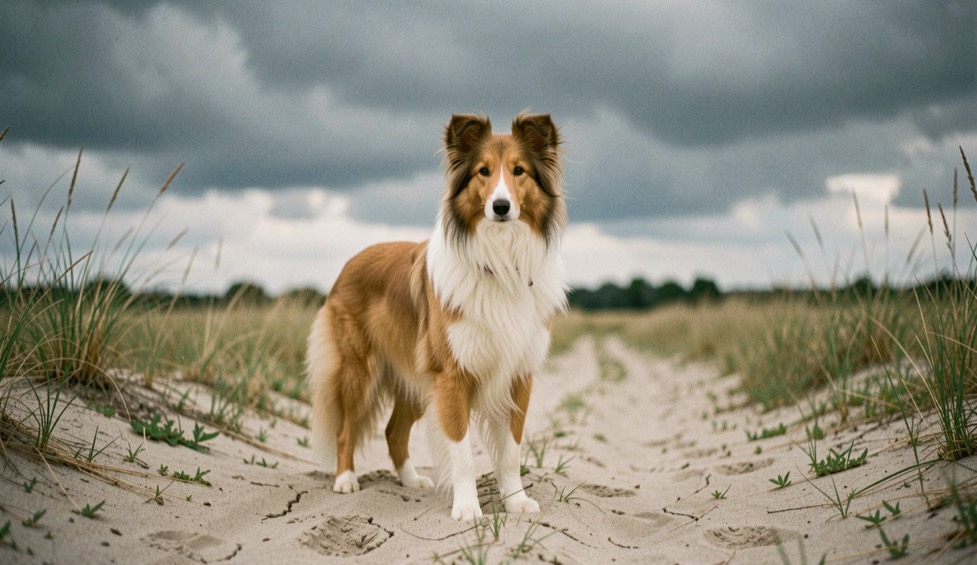 Langharige collie staat op een dijkpad met zijn zandkleurige vacht en witte kraag goed in beeld, onder een zware Nederlandse lucht