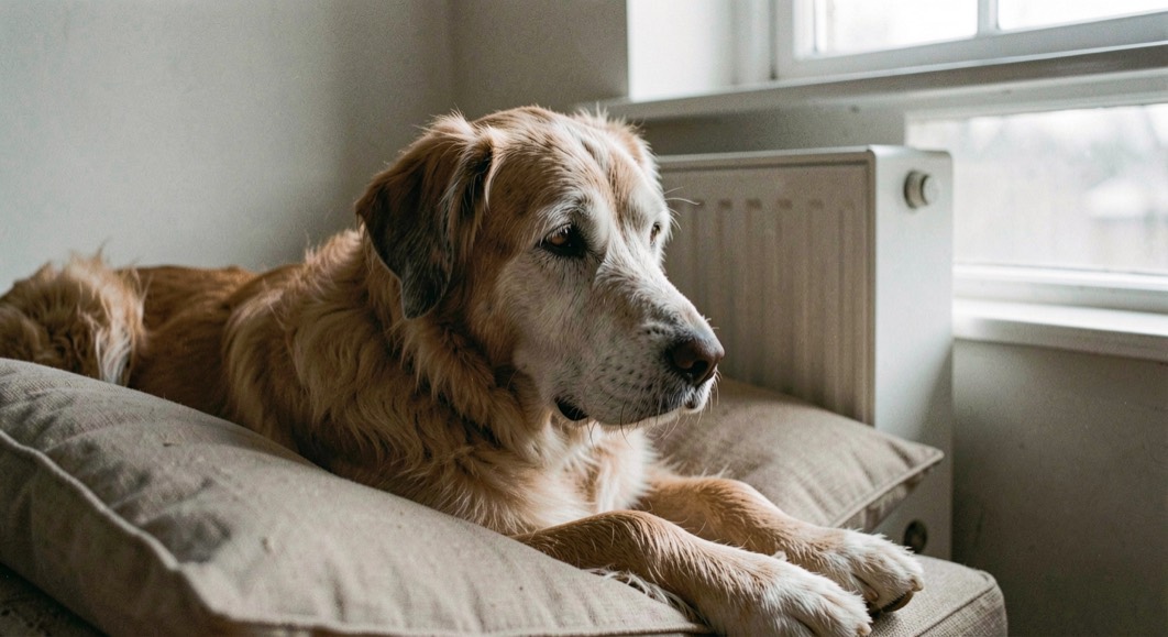 Oude collie met vergrijsde snuit ligt op een dik kussen bij een radiator en kijkt rustig richting het raam
