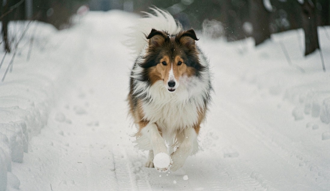 Langharige collie draaft over een besneeuwd pad met sneeuwballen in het haar van zijn poten en zichtbare adem in de koude lucht
