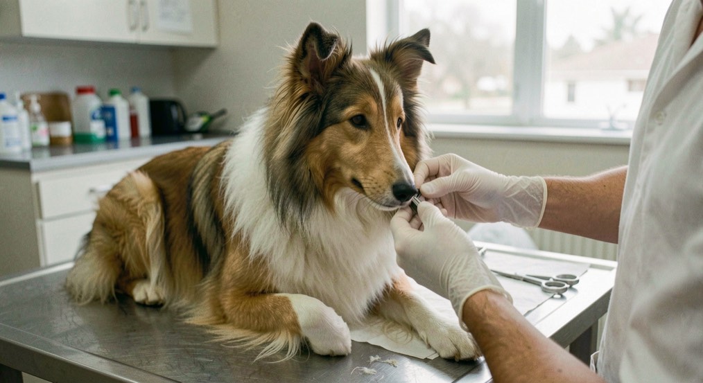 Collie zit rustig op de onderzoekstafel van een dierenartspraktijk terwijl een gehandschoende hand een wanguitstrijkje klaarmaakt