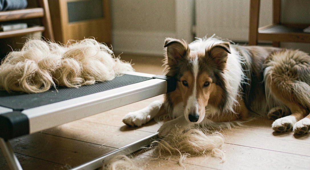 Borstel vol lichte ondervacht ligt op een trimtafel naast een liggende collie, met plukken haar op de vloer eronder