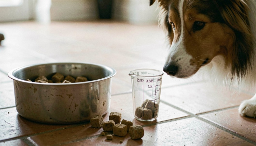 Roestvrijstalen voerbak op een tegelvloer naast een maatbeker met brokken, aan de rand van het beeld de snuit van een wachtende collie